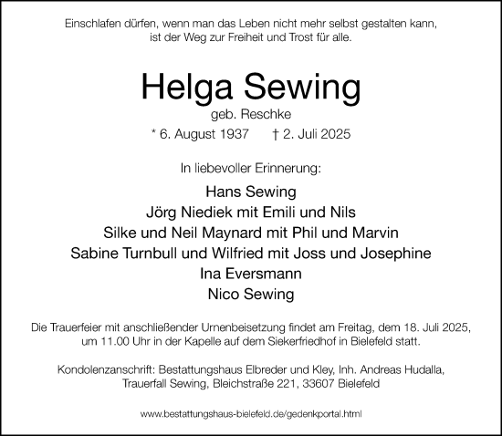 Traueranzeige von Helga Sewing von Neue Westfälische und Westfalen-Blatt