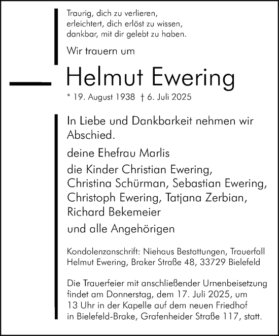 Traueranzeige von Helmut Ewering von Neue Westfälische und Westfalen-Blatt