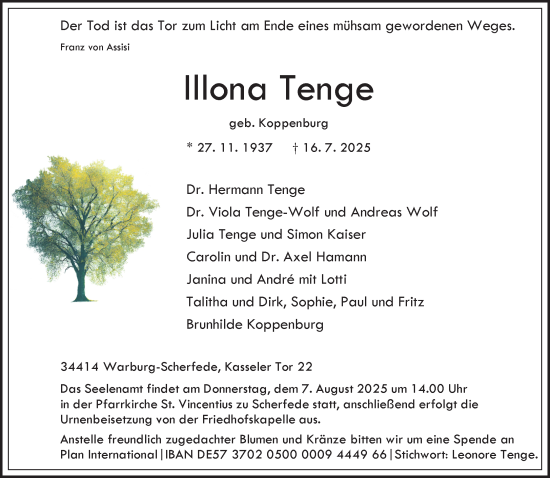 Traueranzeige von Illona Tenge von Neue Westfälische und Westfalen-Blatt