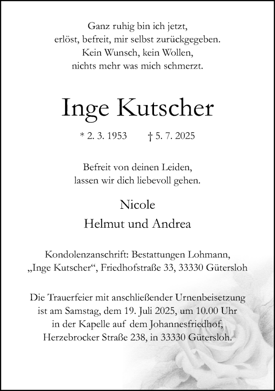 Traueranzeige von Inge Kutscher von Neue Westfälische und Westfalen-Blatt
