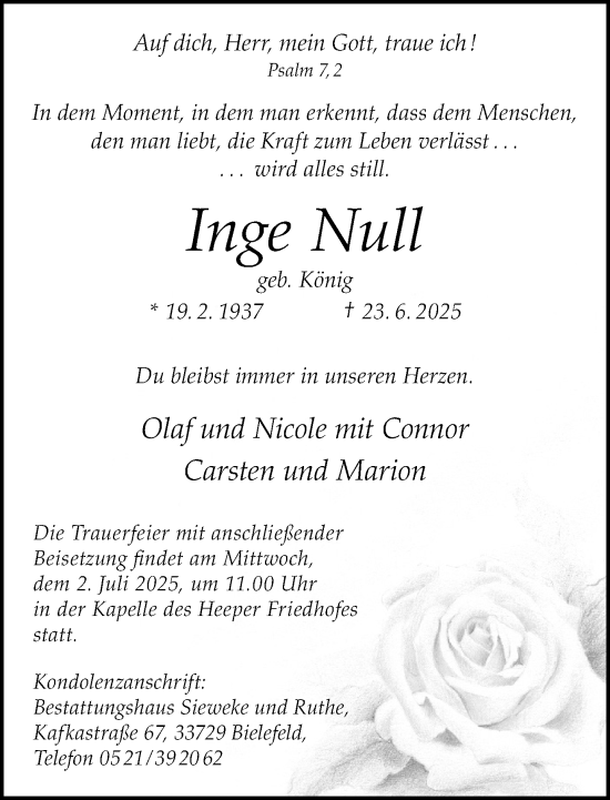 Traueranzeige von Inge Null von Neue Westfälische und Westfalen-Blatt