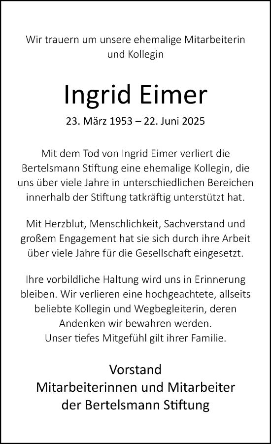 Traueranzeige von Ingrid Eimer von Neue Westfälische und Westfalen-Blatt