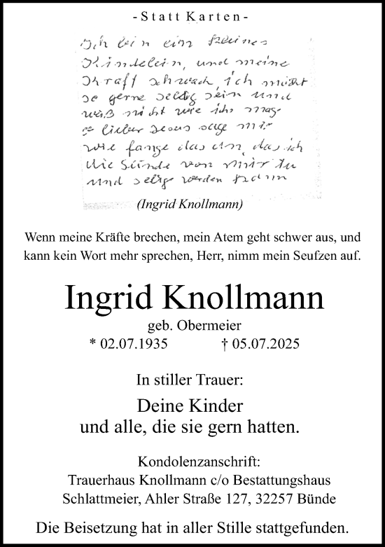 Traueranzeige von Ingrid Knollmann von Neue Westfälische und Westfalen-Blatt