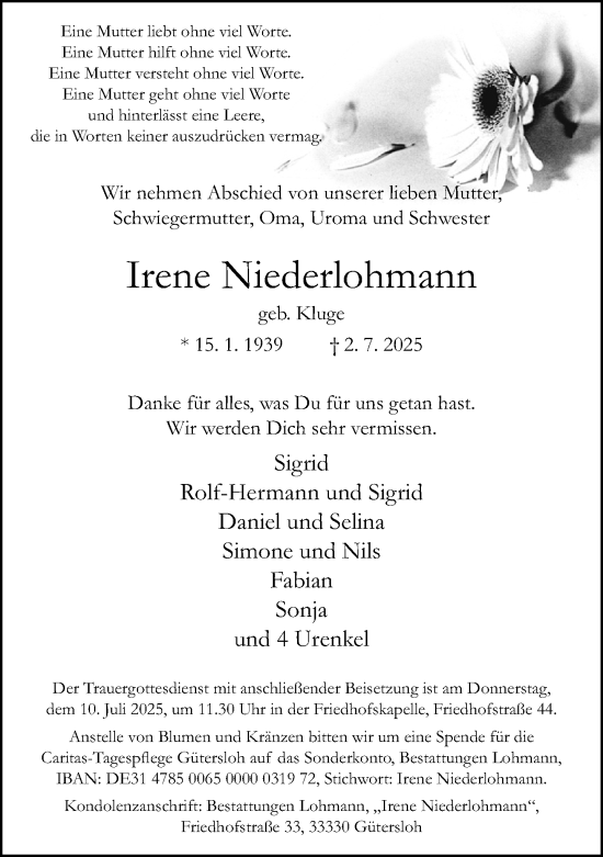 Traueranzeige von Irene Niederlohmann von Neue Westfälische und Westfalen-Blatt