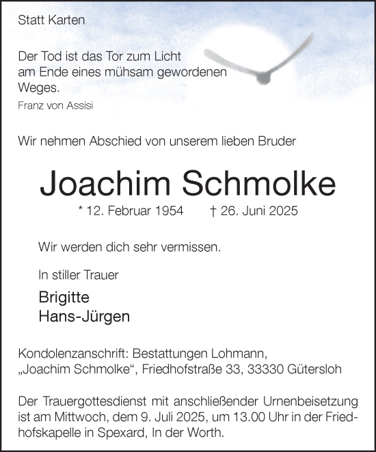 Traueranzeige von Joachim Schmolke von Neue Westfälische und Westfalen-Blatt