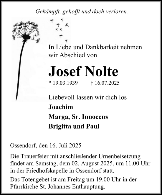 Traueranzeige von Josef Nolte von Neue Westfälische und Westfalen-Blatt