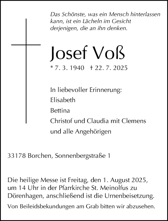 Traueranzeige von Josef Voß von Neue Westfälische und Westfalen-Blatt