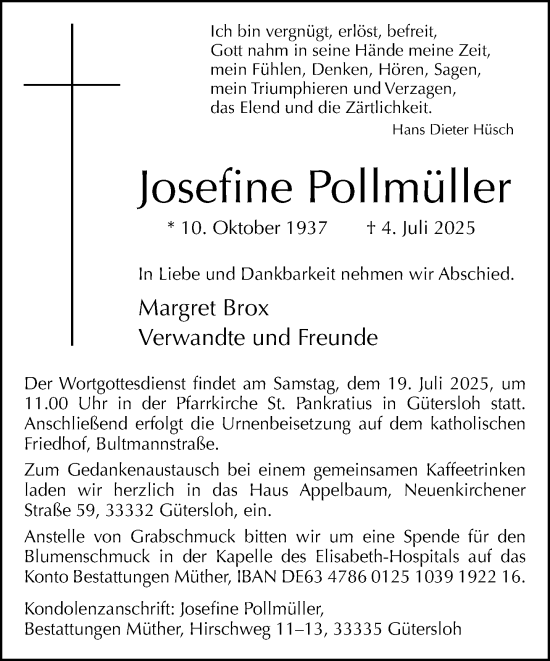 Traueranzeige von Josefine Pollmüller von Neue Westfälische und Westfalen-Blatt