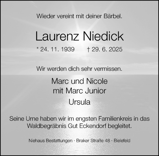 Traueranzeige von Laurenz Niedick von Neue Westfälische und Westfalen-Blatt