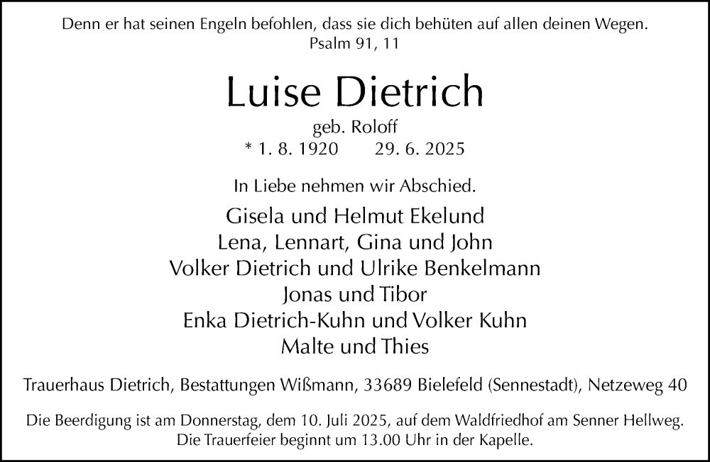  Traueranzeige für Luise Dietrich vom 05.07.2025 aus Neue Westfälische und Westfalen-Blatt
