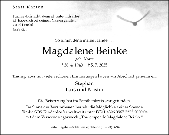 Traueranzeige von Magdalene Beinke von Neue Westfälische und Westfalen-Blatt