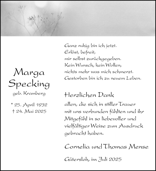 Traueranzeige von Marga Specking von Neue Westfälische und Westfalen-Blatt