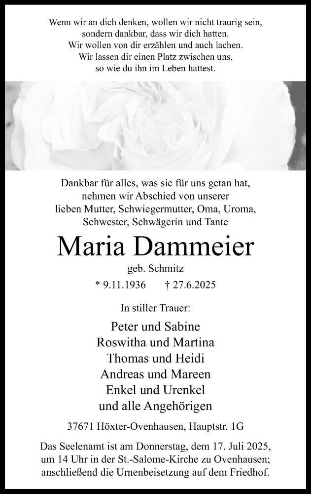  Traueranzeige für Maria Dammeier vom 05.07.2025 aus Neue Westfälische und Westfalen-Blatt