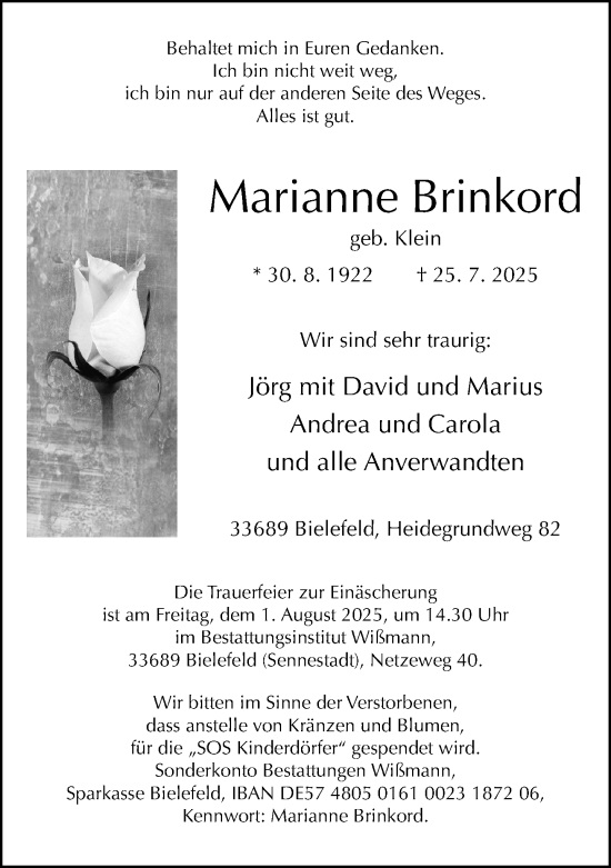 Traueranzeige von Marianne Brinkord von Neue Westfälische und Westfalen-Blatt