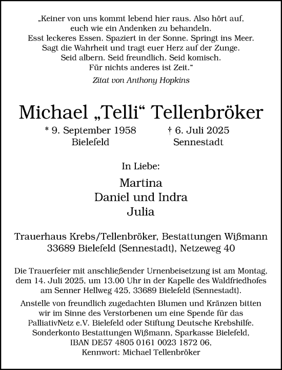 Traueranzeige von Michael Tellenbröker von Neue Westfälische und Westfalen-Blatt