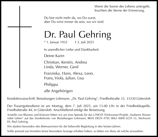 Traueranzeige von Paul Gehring von Neue Westfälische und Westfalen-Blatt