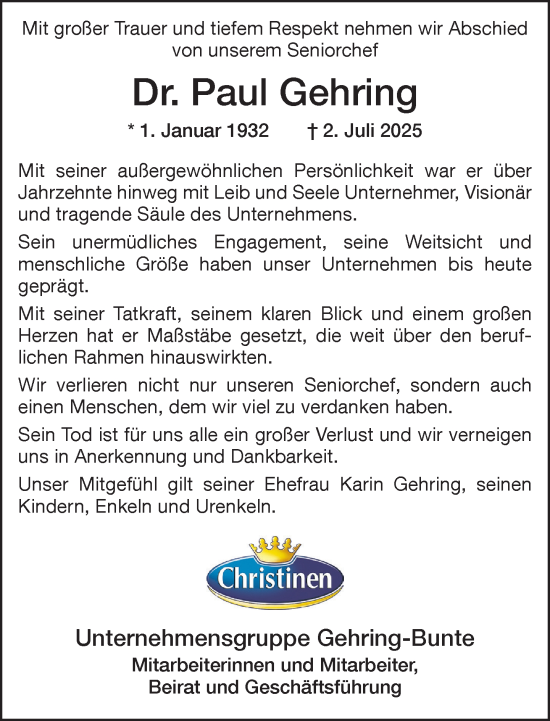 Traueranzeige von Paul Gehring von Neue Westfälische und Westfalen-Blatt
