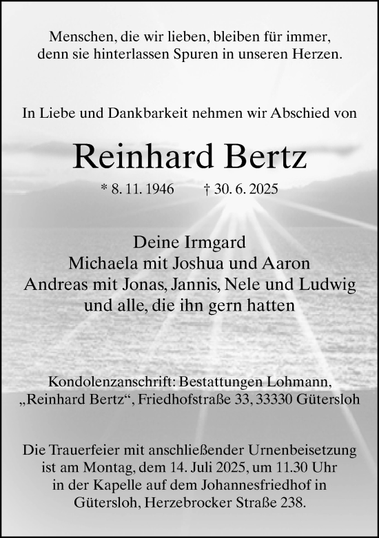 Traueranzeige von Reinhard Bertz von Neue Westfälische und Westfalen-Blatt