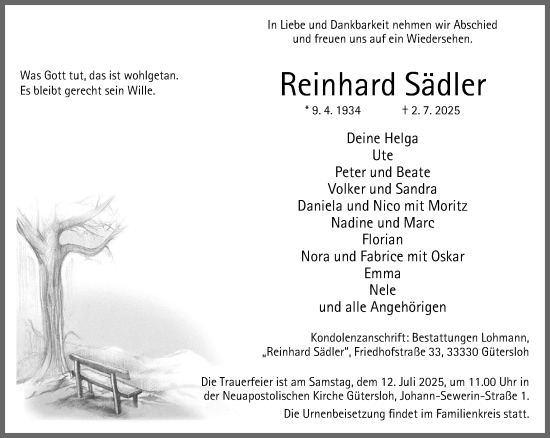 Traueranzeige von Reinhard Sädler von Neue Westfälische und Westfalen-Blatt