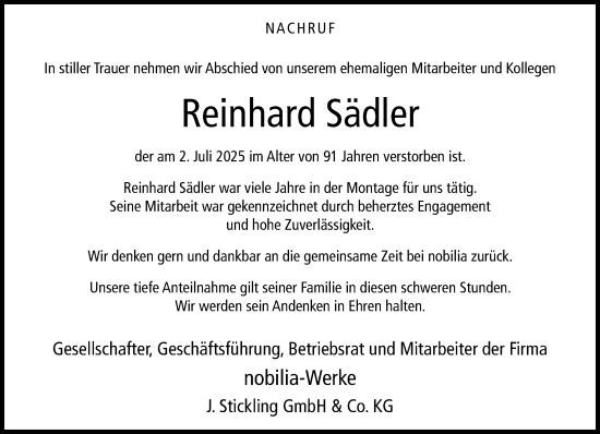 Traueranzeige von Reinhard Sädler von Neue Westfälische und Westfalen-Blatt
