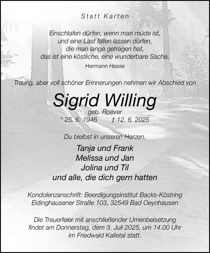  Traueranzeige für Sigrid Willing vom 28.06.2025 aus Neue Westfälische und Westfalen-Blatt