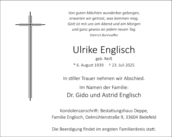Traueranzeige von Ulrike Englisch von Neue Westfälische und Westfalen-Blatt