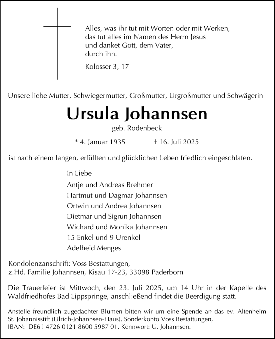 Traueranzeige von Ursula Johannsen von Neue Westfälische und Westfalen-Blatt
