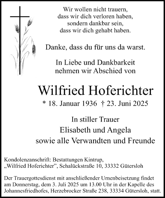 Traueranzeige von Wilfried Hoferichter von Neue Westfälische und Westfalen-Blatt