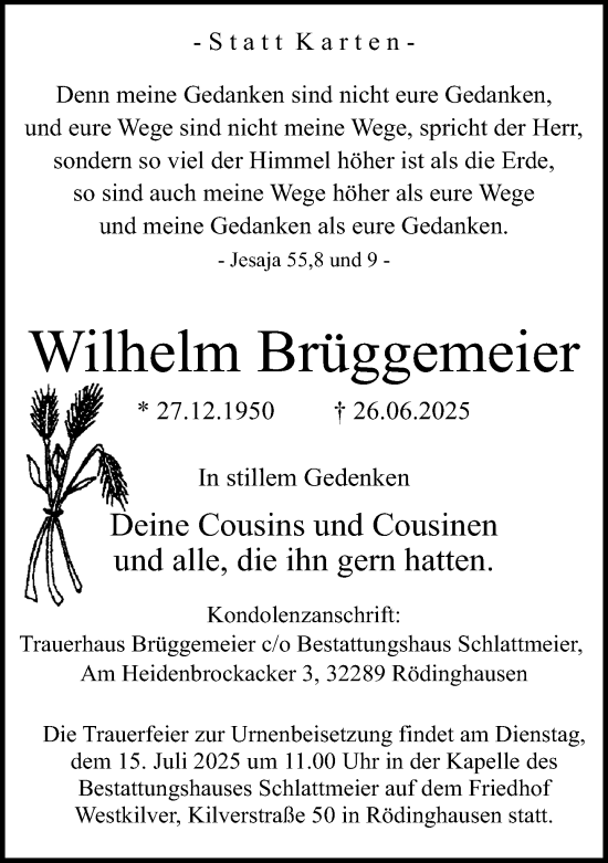 Traueranzeige von Wilhelm Brüggemeier von Neue Westfälische und Westfalen-Blatt