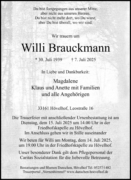 Traueranzeige von Willi Brauckmann von Neue Westfälische und Westfalen-Blatt