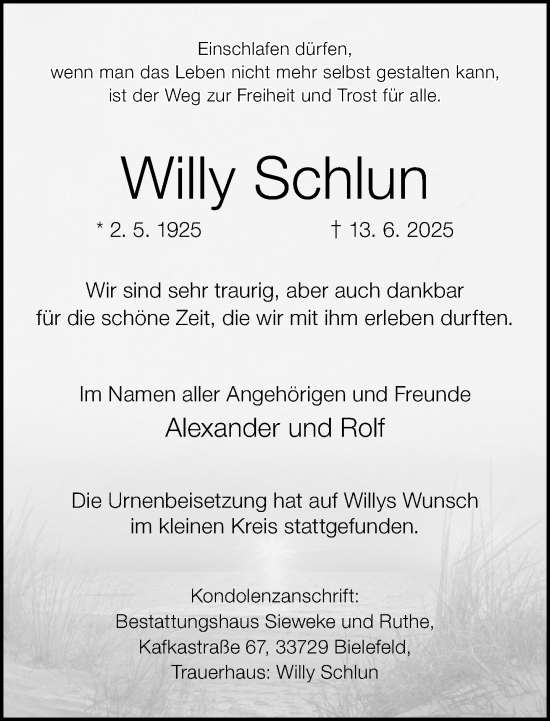 Traueranzeige von Willy Schlun von Neue Westfälische und Westfalen-Blatt