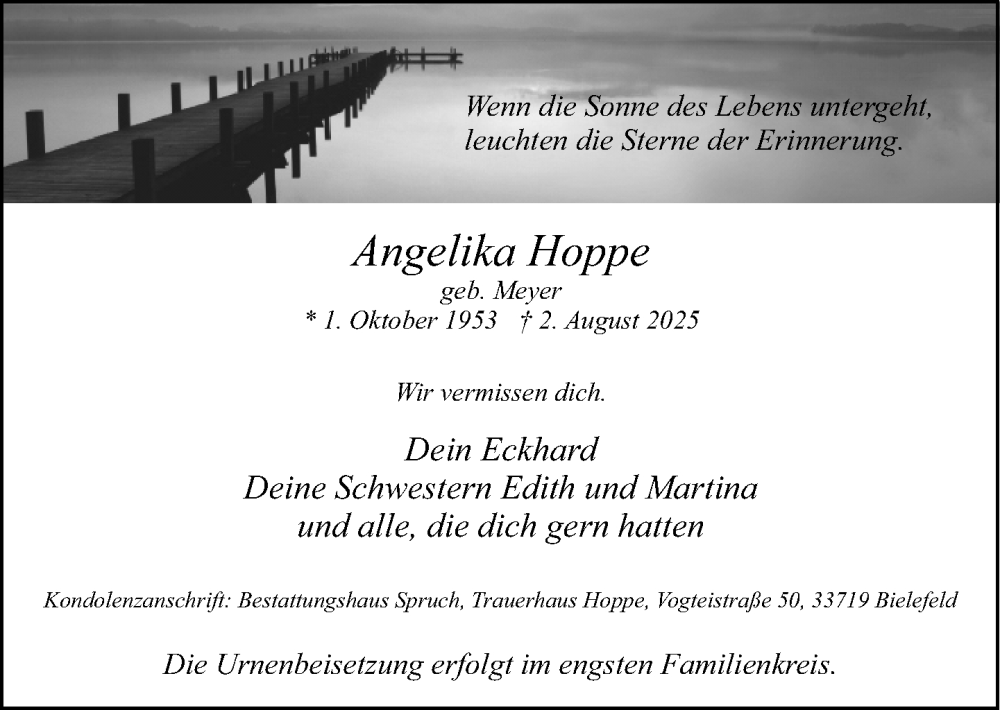  Traueranzeige für Angelika Hoppe vom 09.08.2025 aus Neue Westfälische und Westfalen-Blatt