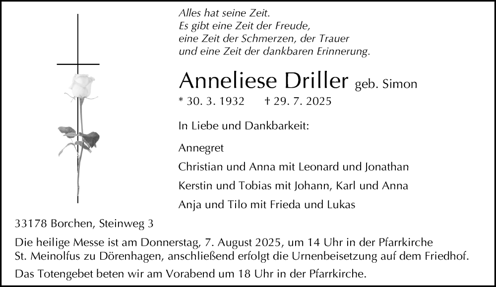  Traueranzeige für Anneliese Driller vom 02.08.2025 aus Neue Westfälische und Westfalen-Blatt