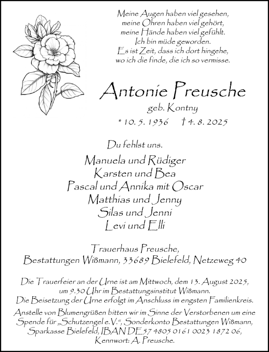 Traueranzeige von Antonie Preusche von Neue Westfälische und Westfalen-Blatt