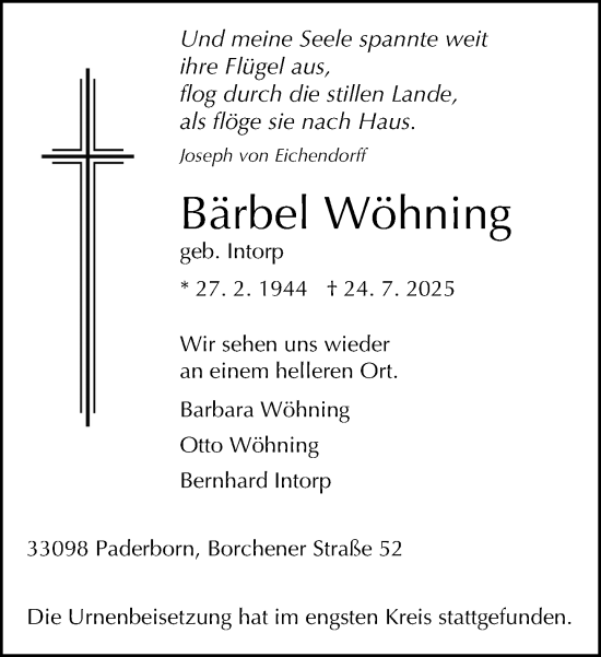 Traueranzeige von Bärbel Wöhning von Neue Westfälische und Westfalen-Blatt