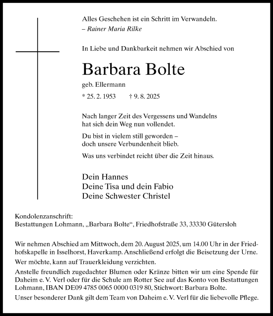 Traueranzeige von Barbara Bolte von Neue Westfälische und Westfalen-Blatt