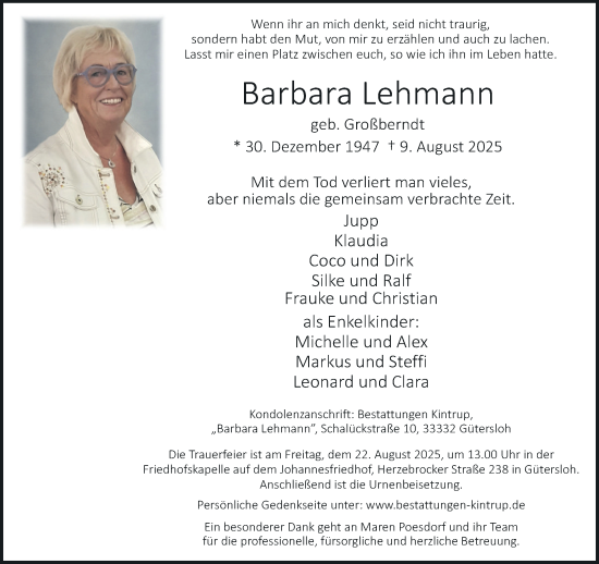 Traueranzeige von Barbara Lehmann von Neue Westfälische und Westfalen-Blatt