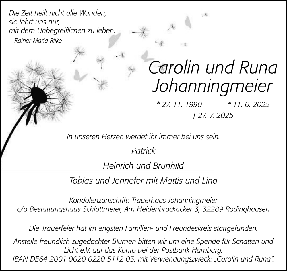  Traueranzeige für Carolin und Runa Johanningmeier vom 12.08.2025 aus Neue Westfälische und Westfalen-Blatt