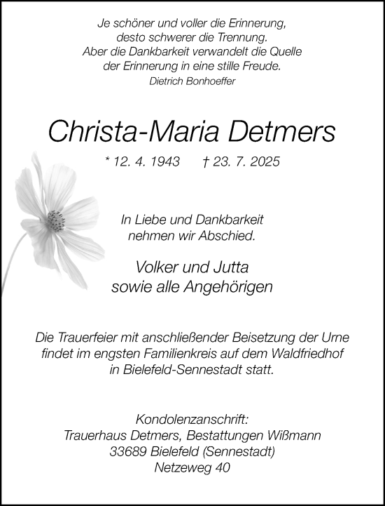 Traueranzeige von Christa-Maria Detmers von Neue Westfälische und Westfalen-Blatt