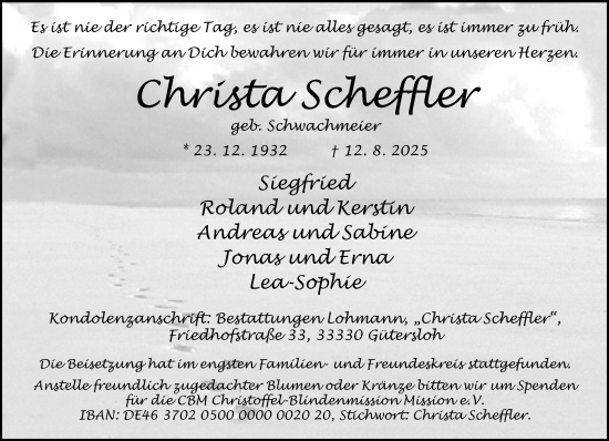 Traueranzeige von Christa Scheffler von Neue Westfälische und Westfalen-Blatt