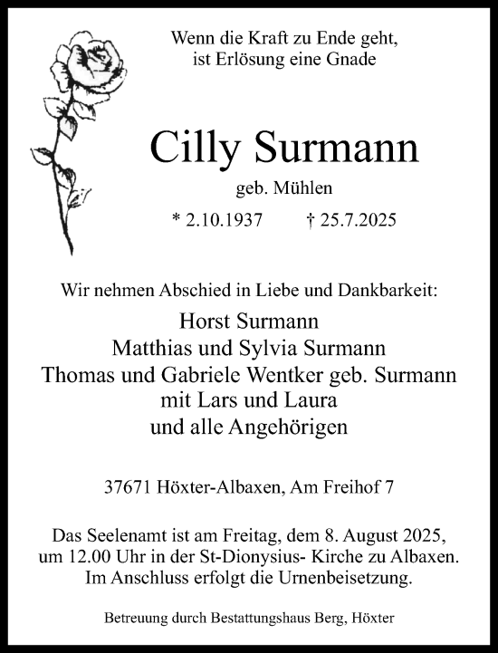 Traueranzeige von Cilly Surmann von Neue Westfälische und Westfalen-Blatt