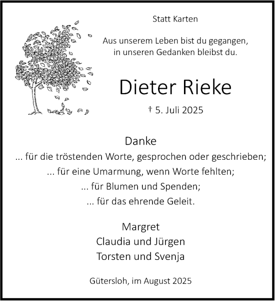 Traueranzeige von Dieter Rieke von Neue Westfälische und Westfalen-Blatt