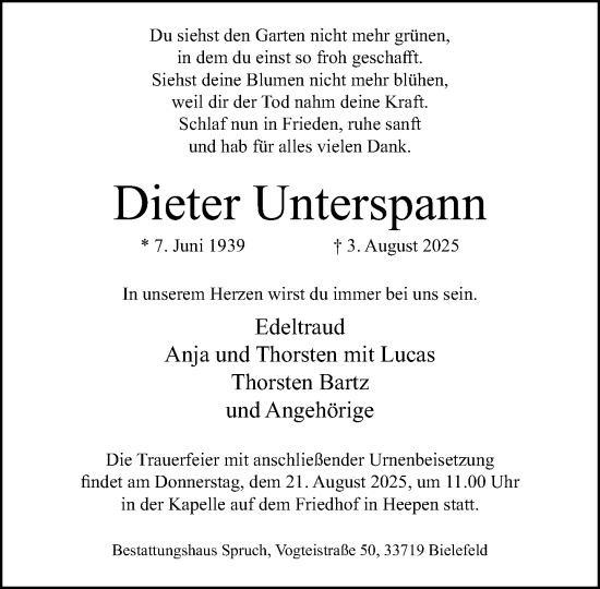 Traueranzeige von Dieter Unterspann von Neue Westfälische und Westfalen-Blatt