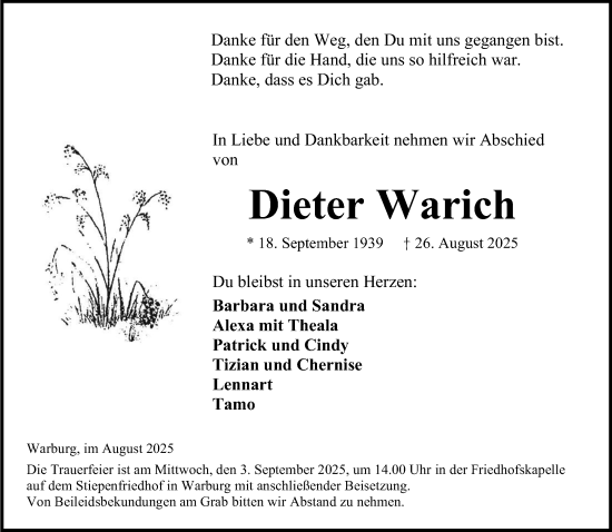 Traueranzeige von Dieter Warich von Neue Westfälische und Westfalen-Blatt