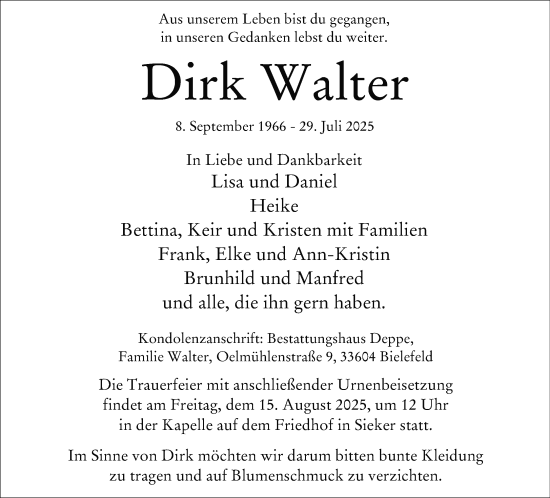 Traueranzeige von Dirk Walter von Neue Westfälische und Westfalen-Blatt