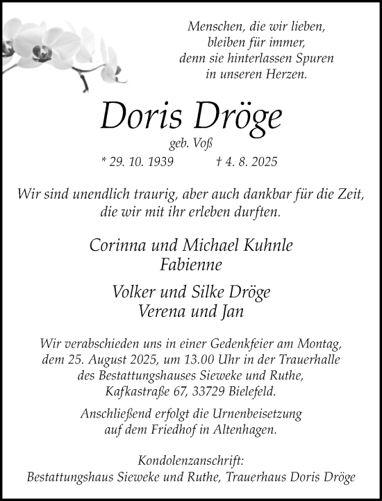 Traueranzeige von Doris Dröge von Neue Westfälische und Westfalen-Blatt