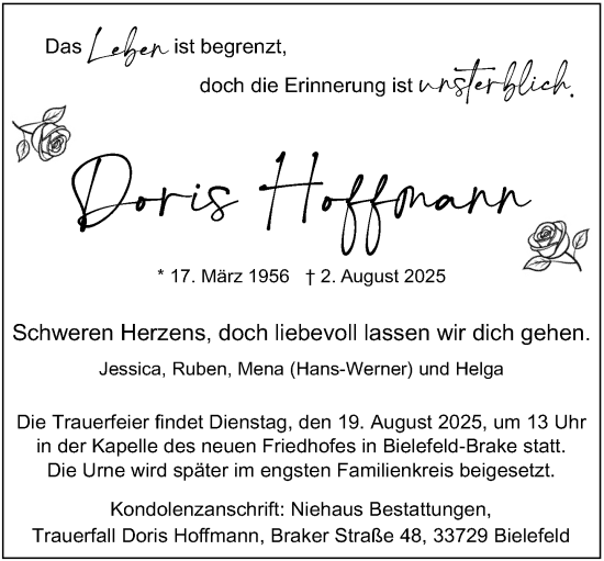Traueranzeige von Doris Hoffmann von Neue Westfälische und Westfalen-Blatt