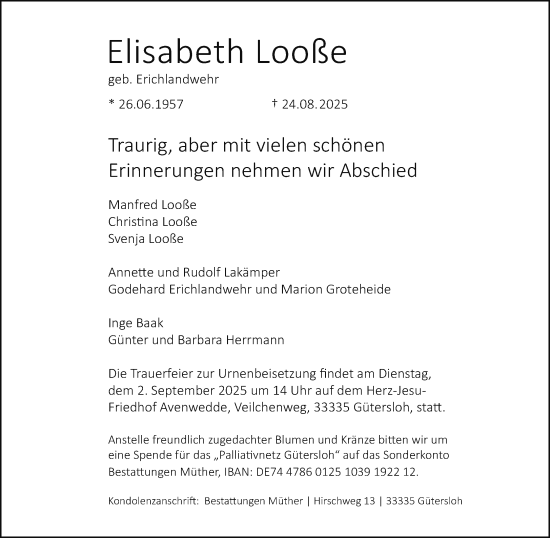Traueranzeige von Elisabeth Looße von Neue Westfälische und Westfalen-Blatt