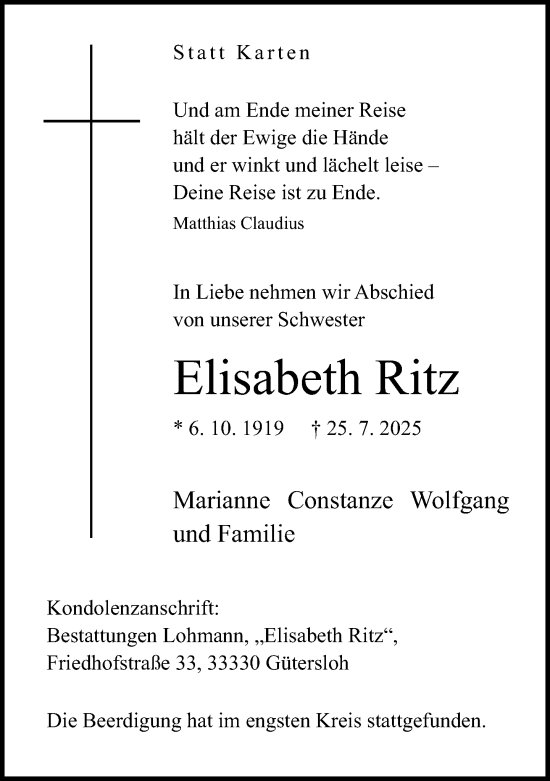 Traueranzeige von Elisabeth Ritz von Neue Westfälische und Westfalen-Blatt