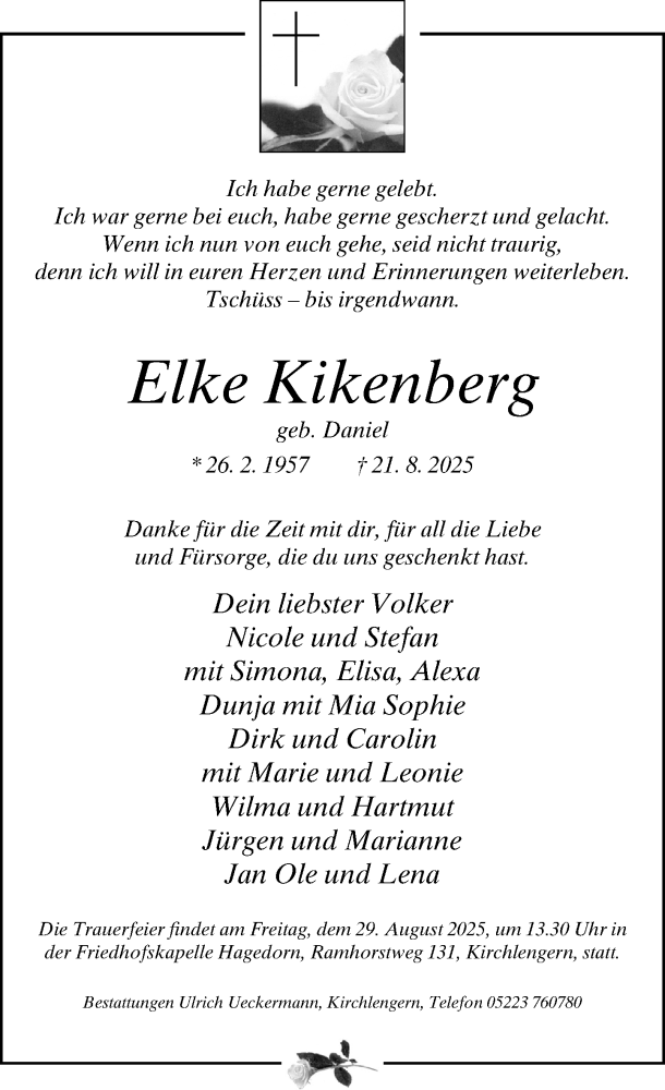  Traueranzeige für Elke Kikenberg vom 27.08.2025 aus Neue Westfälische und Westfalen-Blatt